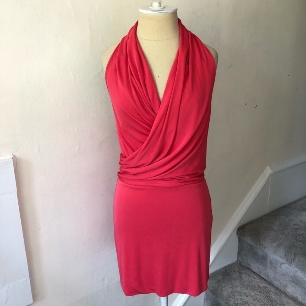 MaxAzria Azalea Pink Open Back Rayon Drape Y2K Front Halter Mini Dress Size XS